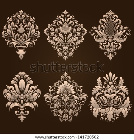 Vector set of damask ornamental elements Elegant floral abstract elements for design Perfect for invitations cards etc Vector set of damask ornamental elements Elegant floral abstract elements for design Perfect for invitations cards etc