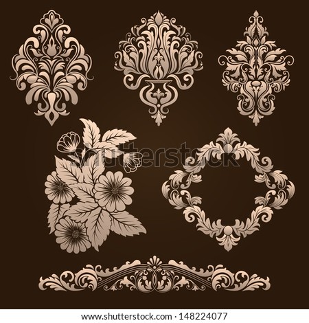 Vector set of damask ornamental elements Elegant floral abstract elements for design Perfect for invitations cards etc Vector set of damask ornamental elements Elegant floral abstract elements for design Perfect for invitations cards etc