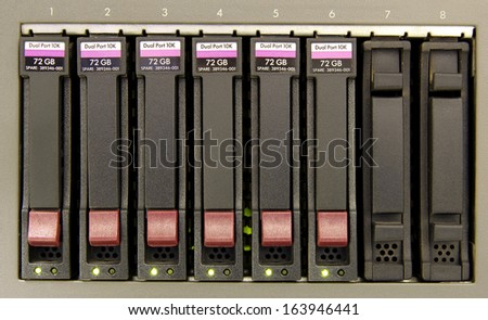 An array of six hard drives for storage close-up