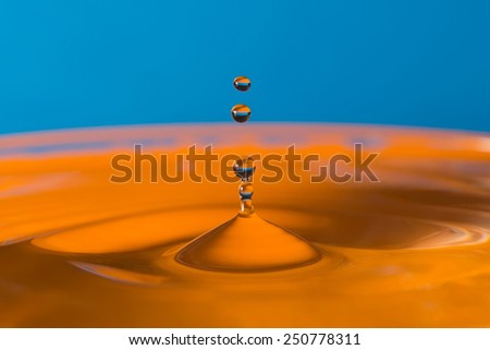 falling drop of water in blue and orange colors closeup