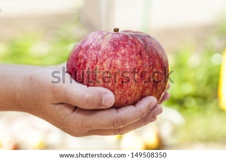 Photo of big apple in children\'s hands