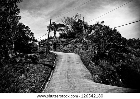 narrow and winding road high up in nature in the caribbean