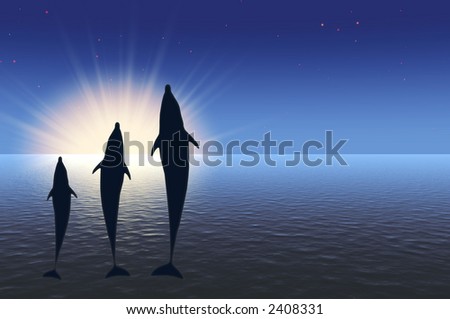 three dolphins high jumping under water in rays sunrise