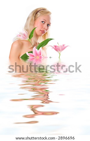 pretty blonde girl with pink lily on white background