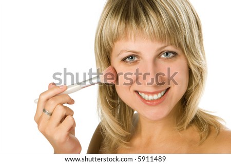 beauty woman close-up portrait make-up cheek with cosmetics brush over white background