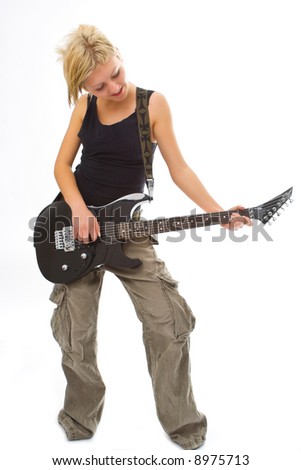 stock photo woman with guitar on white background