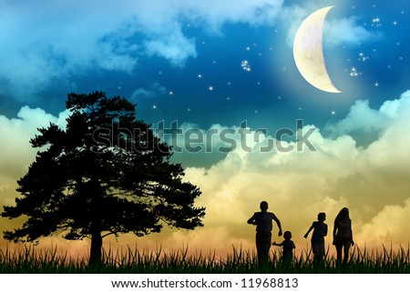 family walk field with tree moon night