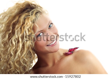 beauty woman portrait with butterfly on shoulder