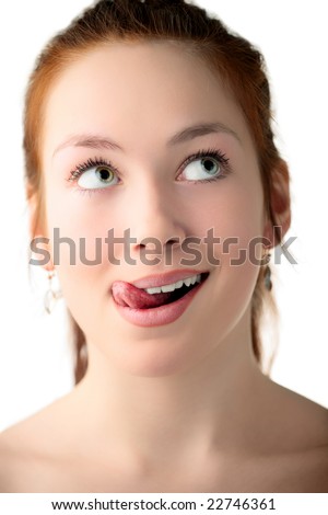 stock photo sexy young woman lick one's lips on white background