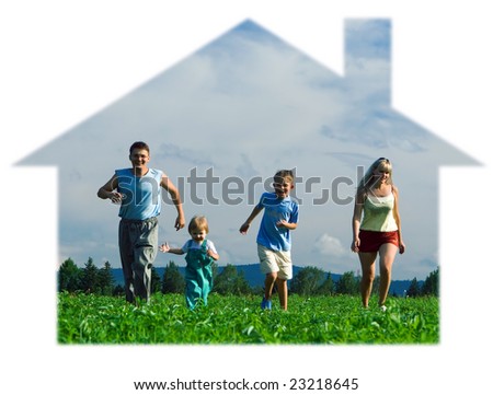 family mother father and two child run in house on field under blue sky