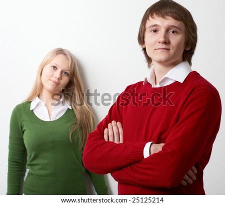 young family man and woman on white background