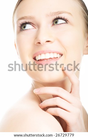 beauty close-up portrait young woman face on white background