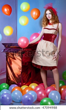 beauty puppet woman and box with balloon