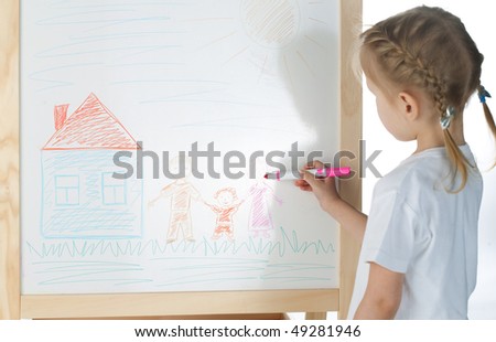 little girl and blackboard on white background
