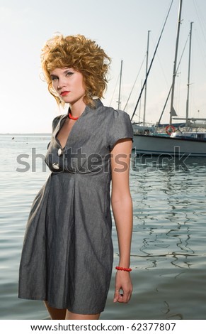 beauty woman on sea with ship