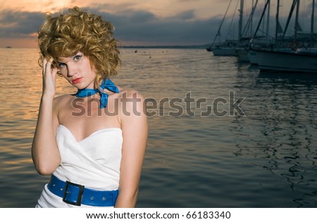 beauty woman at sea with ship