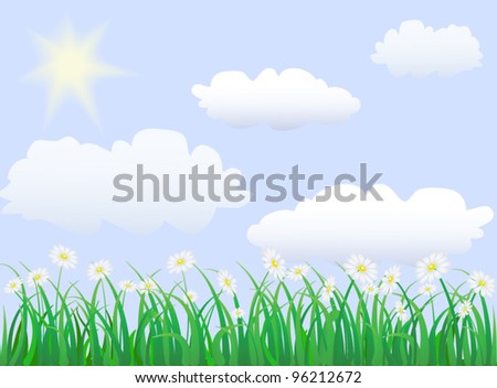 green grass under blue sky with sun an clouds