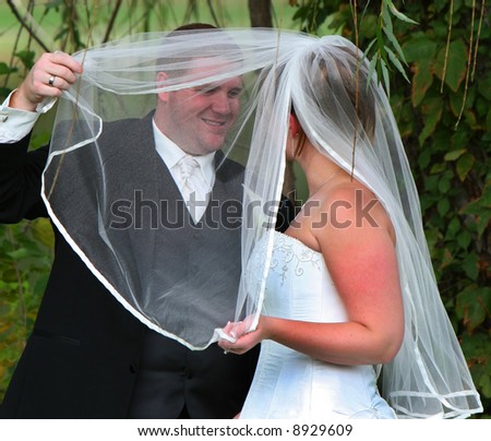 A happy wedding couple. The groom lifts the bridal veil