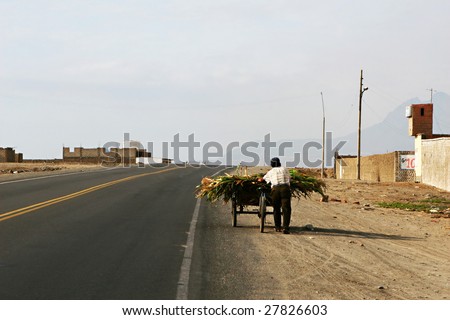 Pushing a cart of corn in Peru along an abandoned roadway