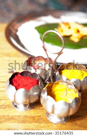 stock photo Traditional indian spices using during Hindu wedding ceremony