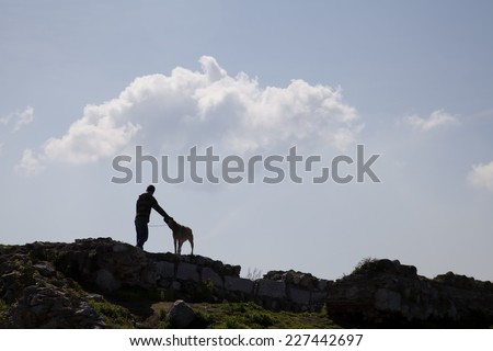 dog and man on an ancient structure