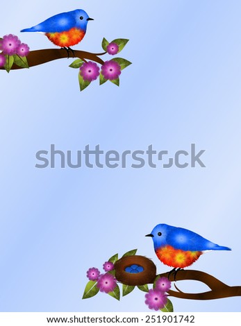 Stationery design with 2 orange and blue birds sitting on tree branches. Branches have pink blossoms and green leaves. Has dark brown nest with 4 blue eggs on lower branch. Light blue background