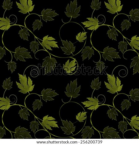 Beautiful leaves and vines with swirls in shades of green on black background.