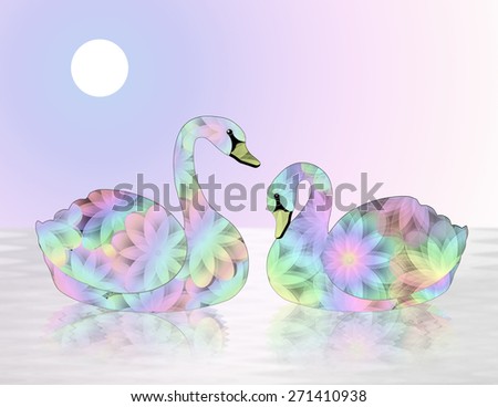 Pair of pastel, multicolored swans facing each other as they float on a lake of water. Soft white moon in blue and pink gradient colored sky. Room for text in upper right corner.