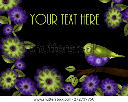 Green and Purple Bird and Flowers Background- Purple and green bird sitting on brown branch.  Purple and green flowers, leaves and vines frame the image. Black background. Room for text on top.