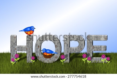 Bluebirds and Wooden Hope Background. The word \