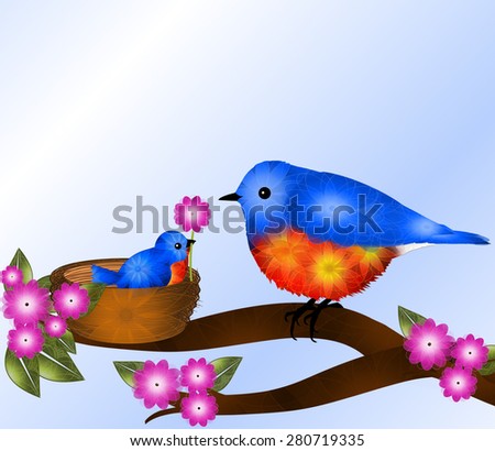 Cute baby Bluebird in nest giving pink flower to the mother bird, sitting on branch. The tree branch is blooming with pink and white blossoms. Blue and white sky in background with room for text.