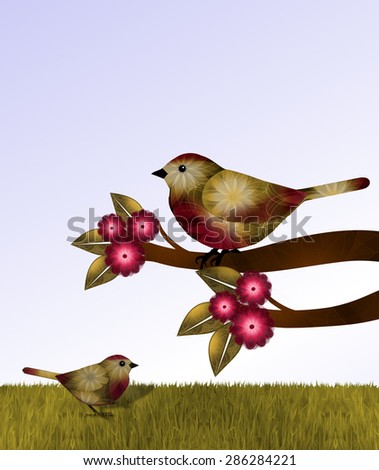 Red and Brown Birds and Flowers Background