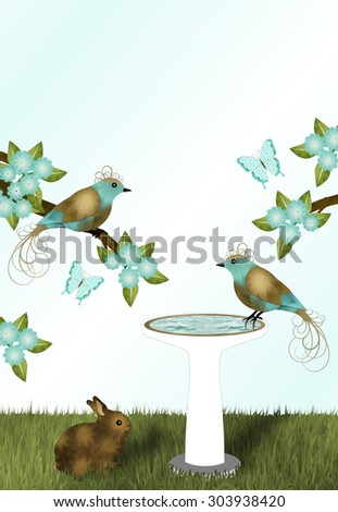 Gold and Teal Flowers, Birds and Bunny