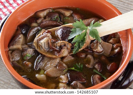mushroom sauce in ceramic pan