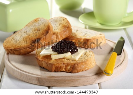 breakfast with bread  butter and fruit jam