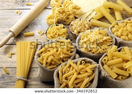 top view Various types of Italian pasta  rustic background