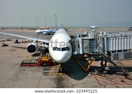 Hong Kong, China - October 10, 2014: The Boeing 767 is a mid- to large-size, long-range, wide-body twin-engine jet airliner built by Boeing Commercial Airplanes.