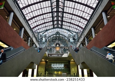 ANTWERP, BELGIUM - November 16, 2014: Antwerpen-Centraal or Antwerp Central is the main railway station in the Belgian city of Antwerp. The station is operated by the national railway company NMBS.