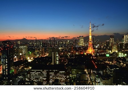 TOKYO cityscape at dusk with Tokyo tower and Mt. Fuji background