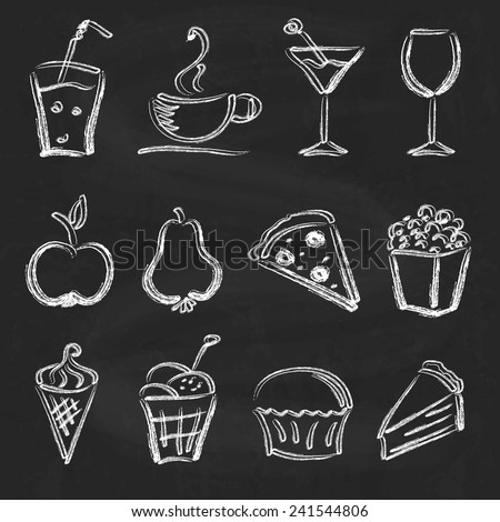 Ink style hand drawn sketch set  - food, drinks, ice cream on chalkboard  background