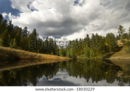 High mountain lake showing tree reflections