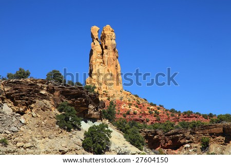 View of red rock formations in San Rafael Swell with blue sky?s
