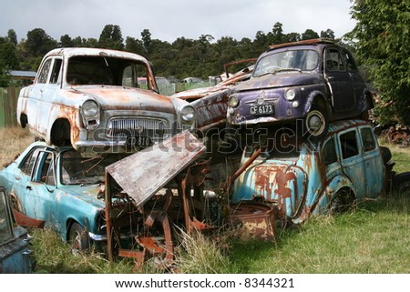 stock photo Pile of wrecked cars