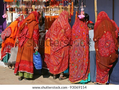Colorful ladies shopping at Pushkar India