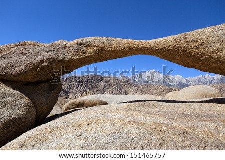 Arch over Sierra Nevada mountains in morning light, Alabama Hills, CA