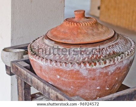 Old  jar of water in rural areas of Thailand.