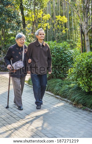 Senior Man and Woman Walking Outside. A  senior couple, 80 years old, helping each other, is walking outside, woman holding a walking stick.