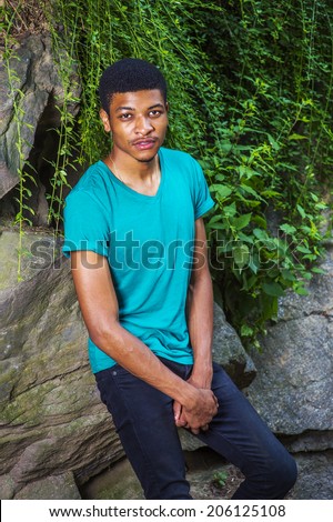 Portrait of Young Black Man. Wearing a green, short sleeve, V-neck T shirt, black pants, holding hands, a young handsome guy is leaning against rocks with green leaves, looking at you.