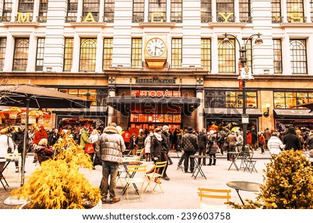 NEW YORK CITY - DECEMBER 20: People at Macy\'s Herald Square, originally known as R.H. Macy and Company Store, on December 20, 2014, the last Saturday before Christmas. Vintage filter effect applied.
