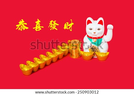Chinese lucky cat, popular among Chinese merchants, with Chinese money, copper coins and gold ingots, Concept of wealthy, prosperous, business successful. Chinese words mean Happiness and Prosperity.